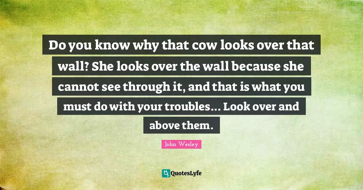 Do you know why that cow looks over that wall? She looks over the wall because she cannot see through it, and that is what you must do with your troubles... Look over and above them.