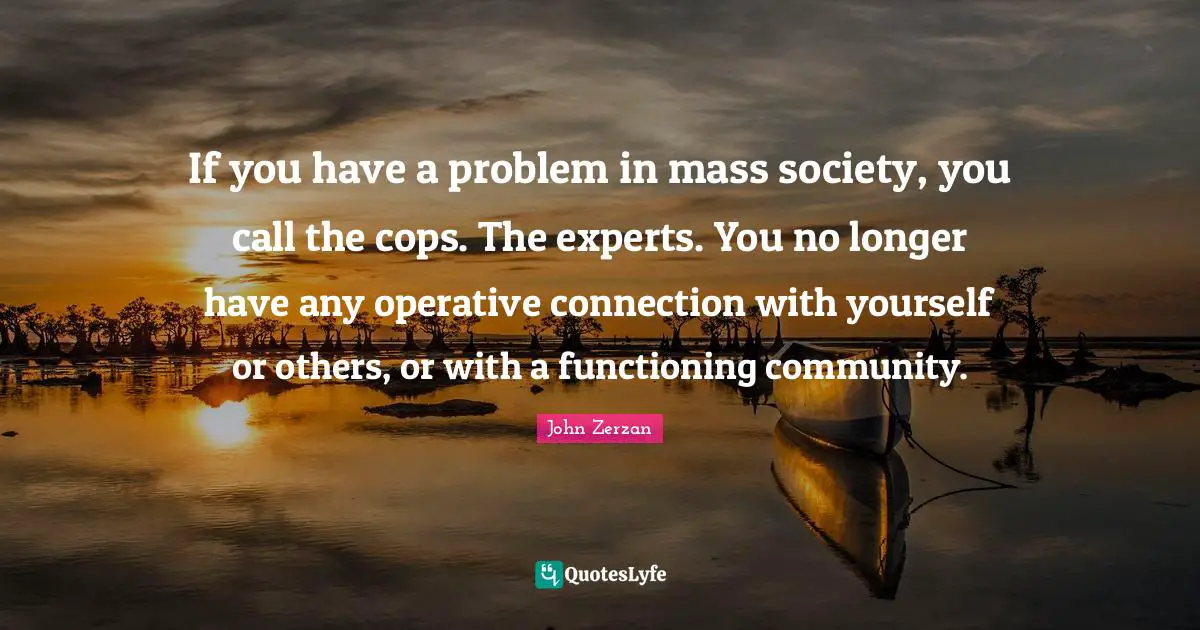 If you have a problem in mass society, you call the cops. The experts. You no longer have any operative connection with yourself or others, or with a functioning community.