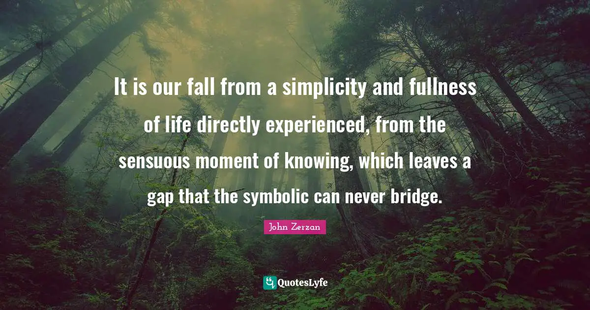 It is our fall from a simplicity and fullness of life directly experienced, from the sensuous moment of knowing, which leaves a gap that the symbolic can never bridge.