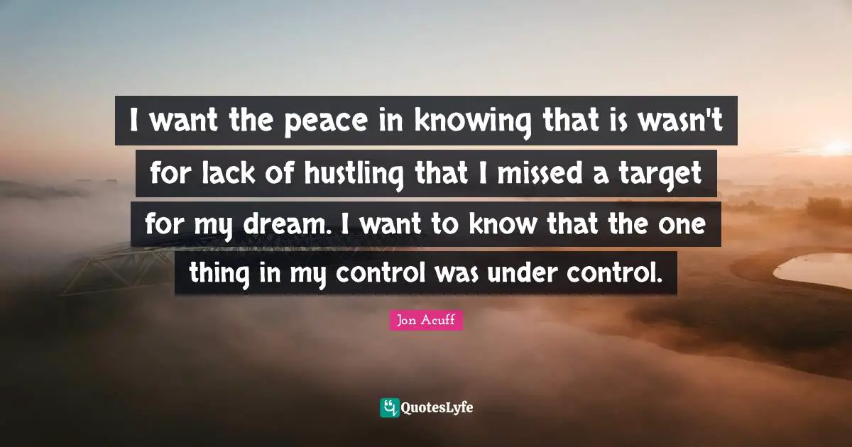I want the peace in knowing that is wasn't for lack of hustling that I missed a target for my dream. I want to know that the one thing in my control was under control.