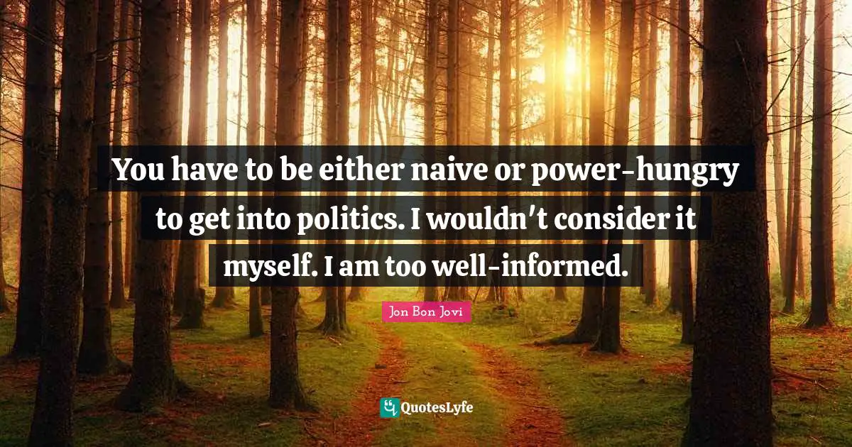 You have to be either naive or power-hungry to get into politics. I wouldn't consider it myself. I am too well-informed.
