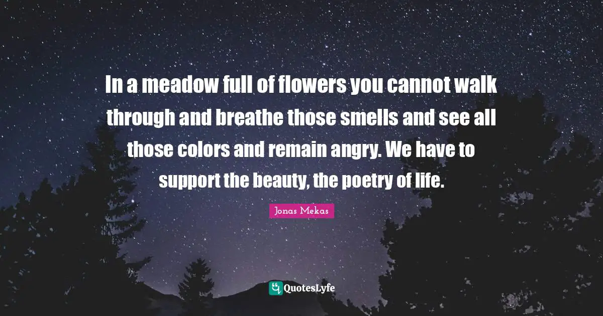 In a meadow full of flowers you cannot walk through and breathe those smells and see all those colors and remain angry. We have to support the beauty, the poetry of life.