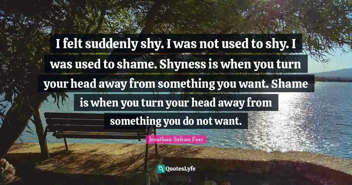I felt suddenly shy. I was not used to shy. I was used to shame. Shyness is when you turn your head away from something you want. Shame is when you turn your head away from something you do not want.