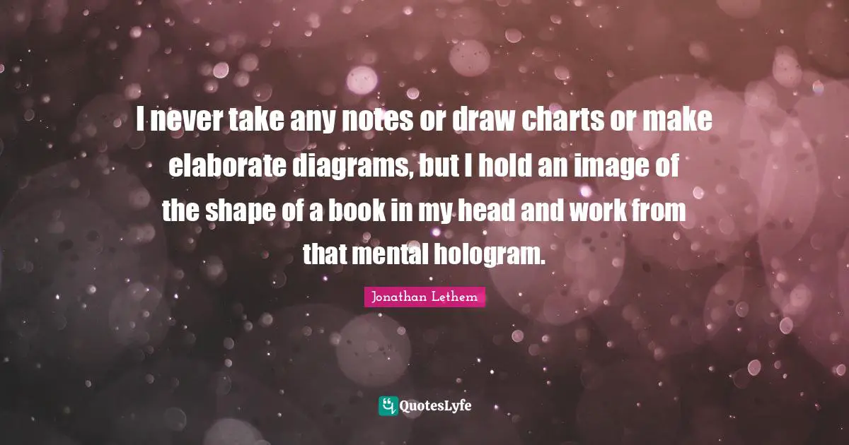 I never take any notes or draw charts or make elaborate diagrams, but I hold an image of the shape of a book in my head and work from that mental hologram.