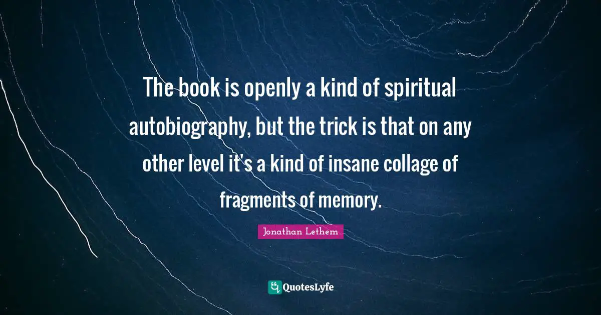 The book is openly a kind of spiritual autobiography, but the trick is that on any other level it's a kind of insane collage of fragments of memory.