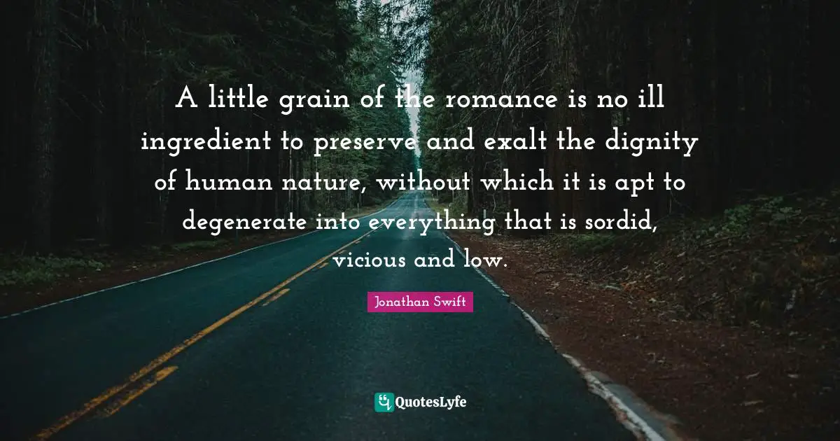 A little grain of the romance is no ill ingredient to preserve and exalt the dignity of human nature, without which it is apt to degenerate into everything that is sordid, vicious and low.