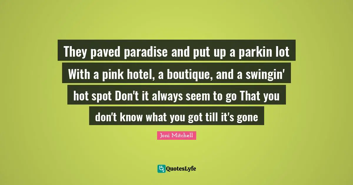 They paved paradise and put up a parkin lot With a pink hotel, a boutique, and a swingin' hot spot Don't it always seem to go That you don't know what you got till it's gone