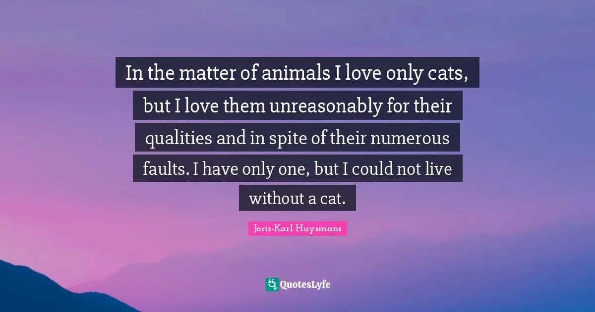 In the matter of animals I love only cats, but I love them unreasonably for their qualities and in spite of their numerous faults. I have only one, but I could not live without a cat.