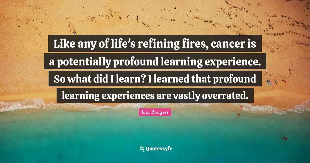 Refining Quotes: "Like any of life's refining fires, cancer is a potentially profound learning experience. So what did I learn? I learned that profound learning experiences are vastly overrated."