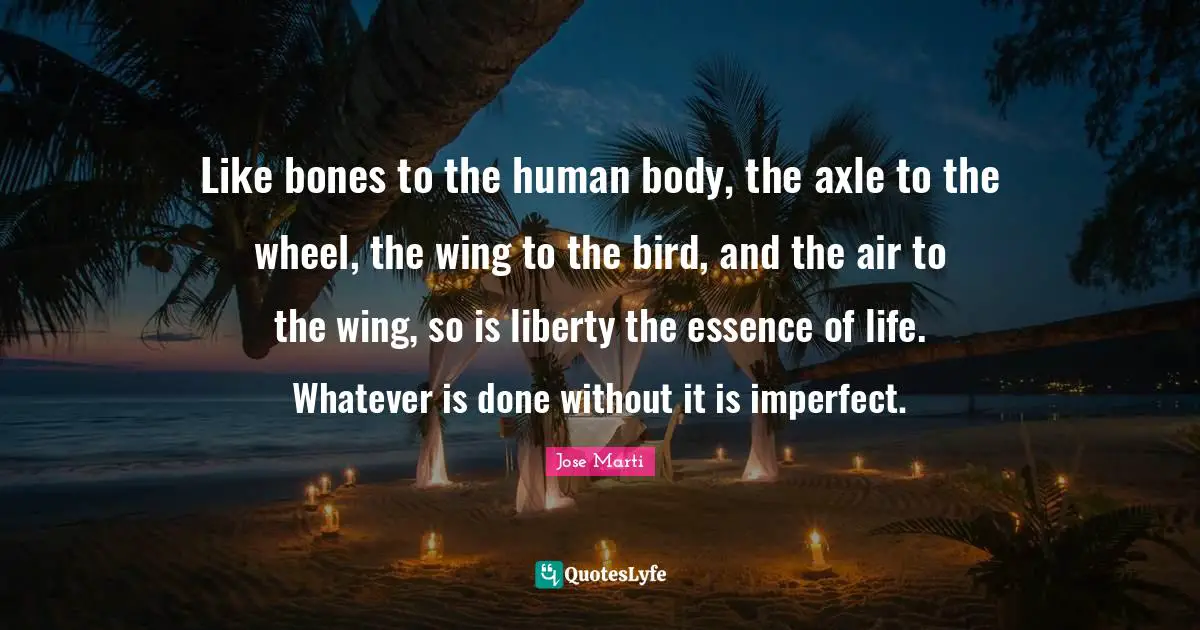 Jose Marti Quotes: "Like bones to the human body, the axle to the wheel, the wing to the bird, and the air to the wing, so is liberty the essence of life. Whatever is done without it is imperfect."