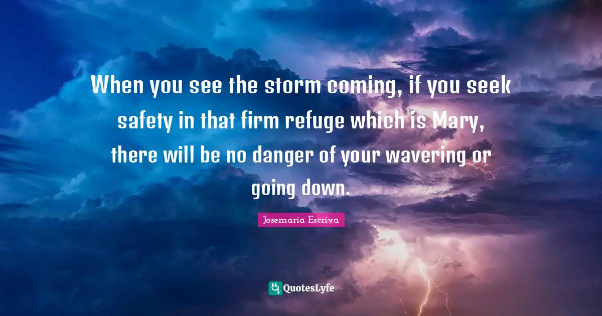 Mary Quotes: "When you see the storm coming, if you seek safety in that firm refuge which is Mary, there will be no danger of your wavering or going down."