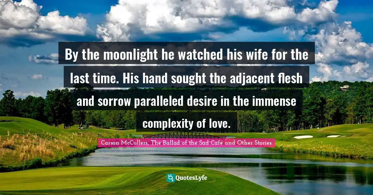 By the moonlight he watched his wife for the last time. His hand sought the adjacent flesh and sorrow paralleled desire in the immense complexity of love.