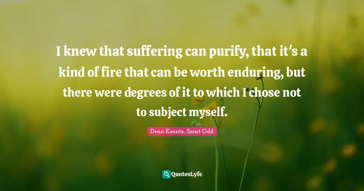 I knew that suffering can purify, that it's a kind of fire that can be worth enduring, but there were degrees of it to which I chose not to subject myself.