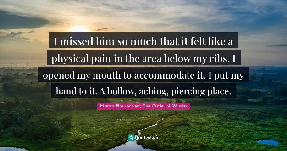 I missed him so much that it felt like a physical pain in the area below my ribs. I opened my mouth to accommodate it. I put my hand to it. A hollow, aching, piercing place.