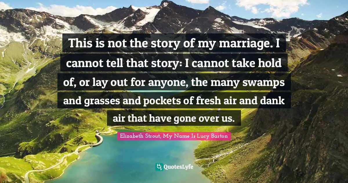 This is not the story of my marriage. I cannot tell that story: I cannot take hold of, or lay out for anyone, the many swamps and grasses and pockets of fresh air and dank air that have gone over us.