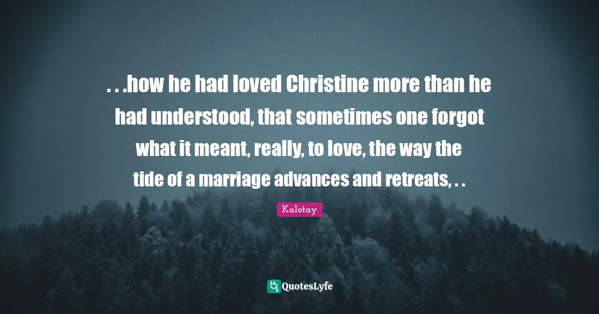 . . .how he had loved Christine more than he had understood, that sometimes one forgot what it meant, really, to love, the way the tide of a marriage advances and retreats, . .