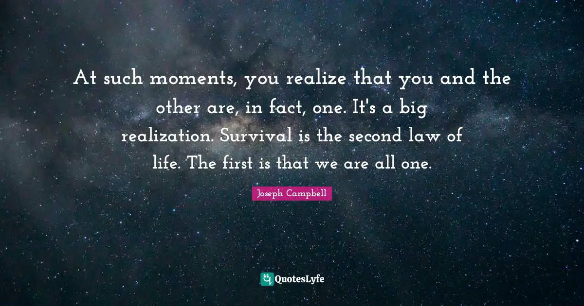 At such moments, you realize that you and the other are, in fact, one. It's a big realization. Survival is the second law of life. The first is that we are all one.