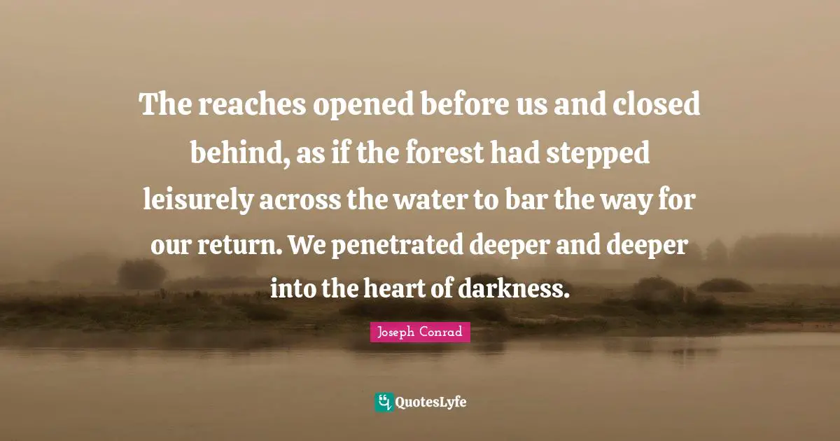 The reaches opened before us and closed behind, as if the forest had stepped leisurely across the water to bar the way for our return. We penetrated deeper and deeper into the heart of darkness.