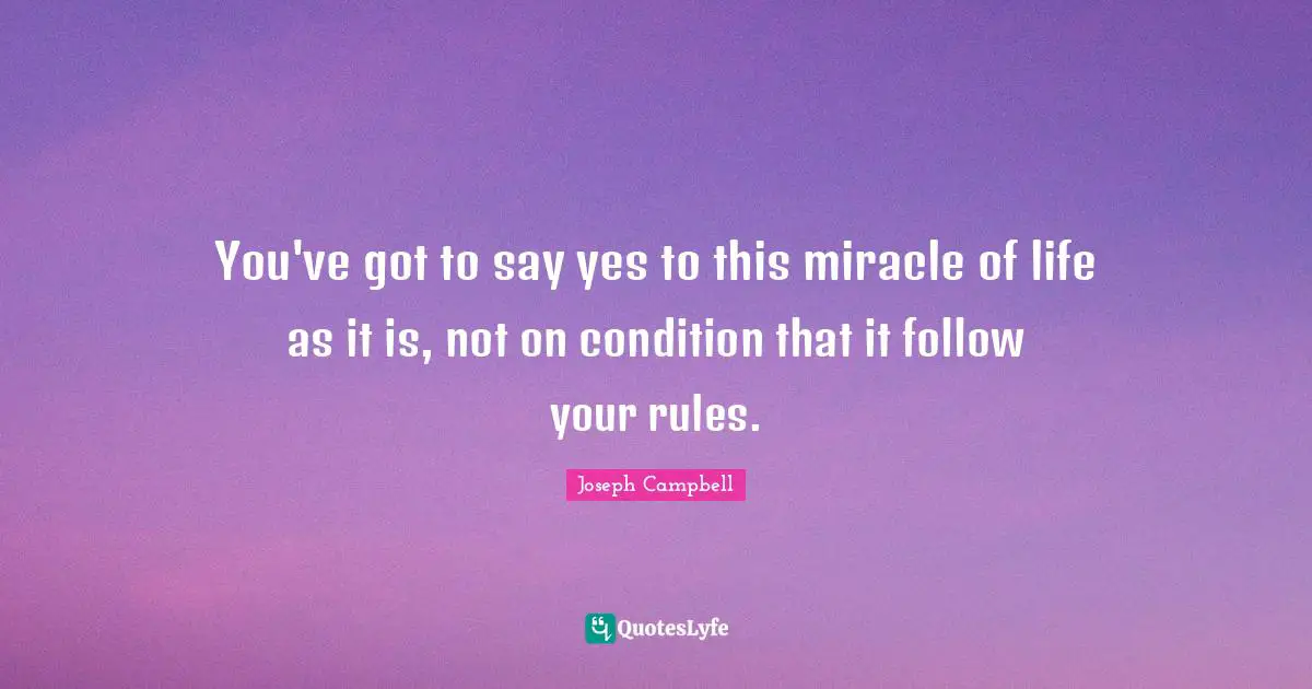 Joseph Campbell Quotes: "You've got to say yes to this miracle of life as it is, not on condition that it follow your rules."
