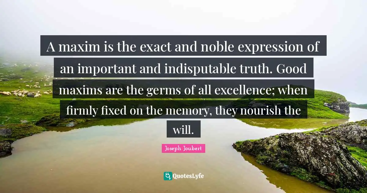 A maxim is the exact and noble expression of an important and indisputable truth. Good maxims are the germs of all excellence; when firmly fixed on the memory, they nourish the will.