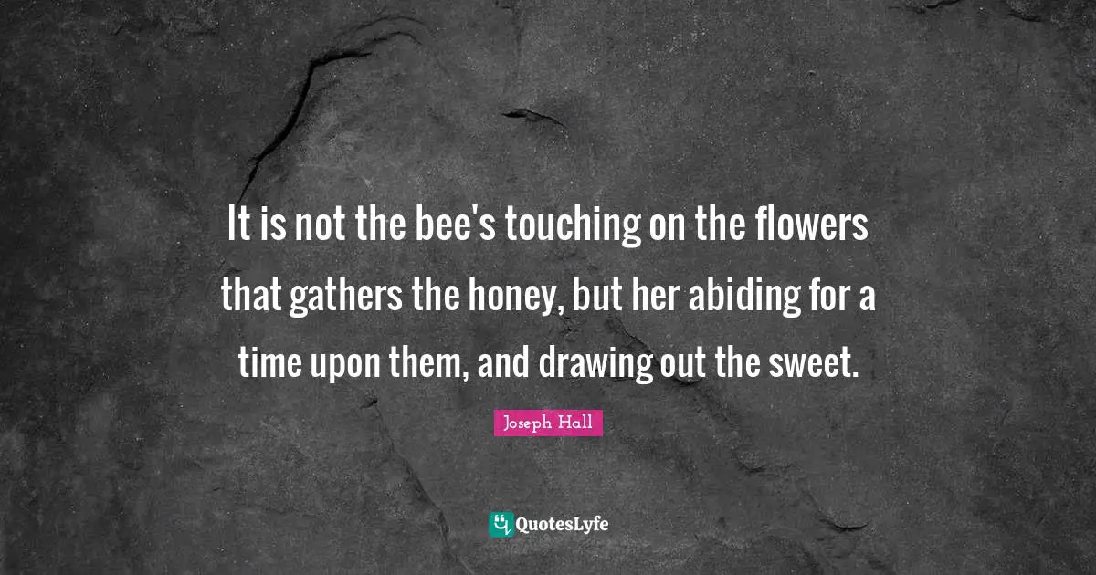 Joseph Hall Quotes: "It is not the bee's touching on the flowers that gathers the honey, but her abiding for a time upon them, and drawing out the sweet."