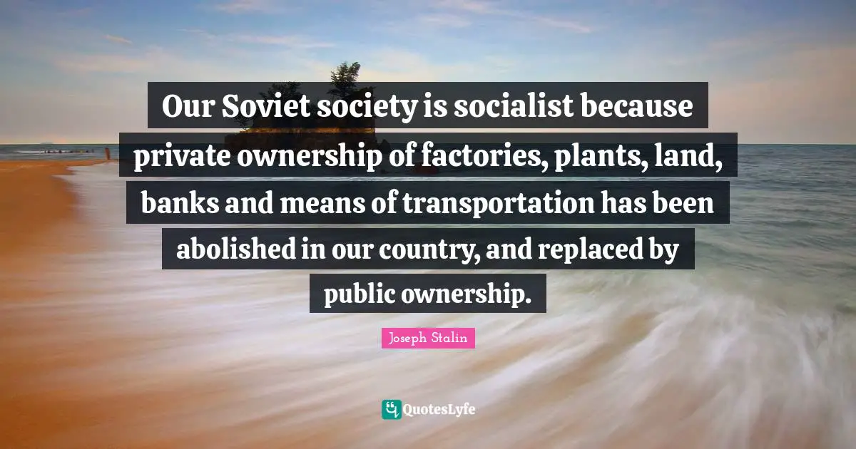 Our Soviet society is socialist because private ownership of factories, plants, land, banks and means of transportation has been abolished in our country, and replaced by public ownership.