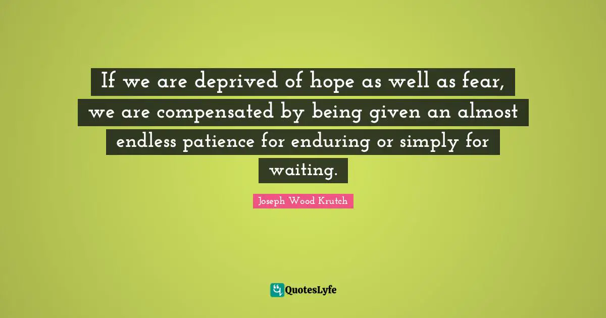 If we are deprived of hope as well as fear, we are compensated by being given an almost endless patience for enduring or simply for waiting.
