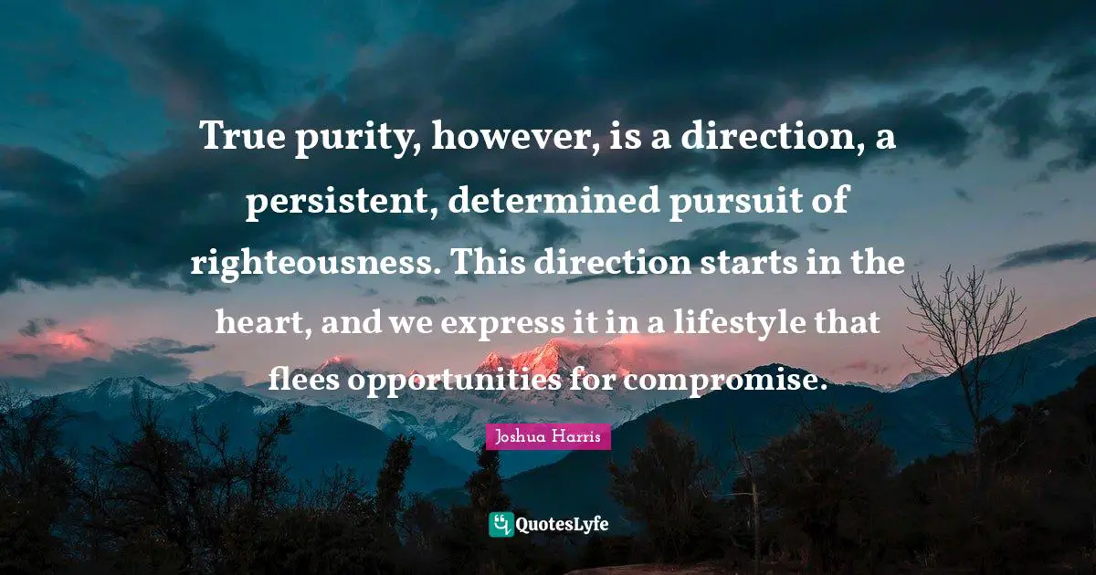 True purity, however, is a direction, a persistent, determined pursuit of righteousness. This direction starts in the heart, and we express it in a lifestyle that flees opportunities for compromise.