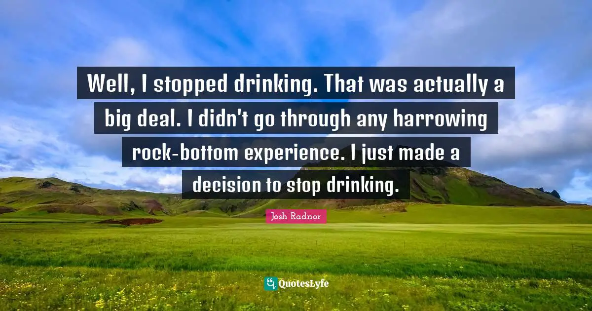 Josh Radnor Quotes: "Well, I stopped drinking. That was actually a big deal. I didn't go through any harrowing rock-bottom experience. I just made a decision to stop drinking."