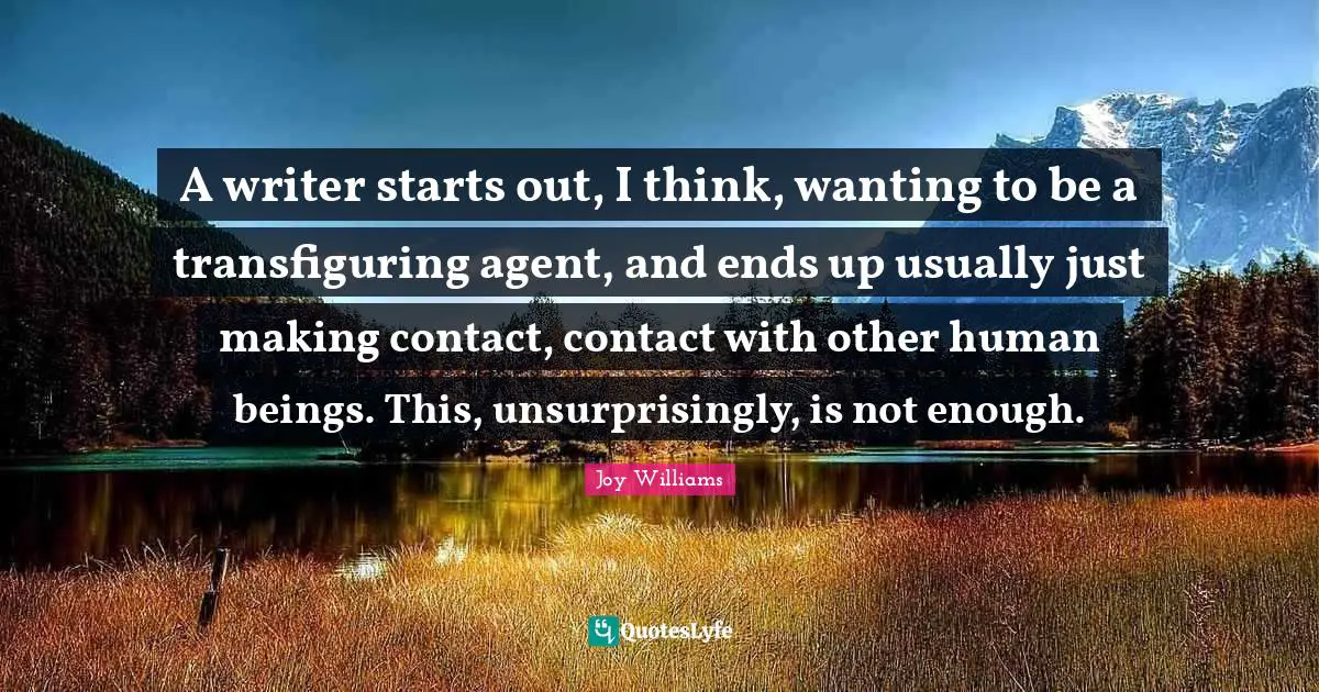 A writer starts out, I think, wanting to be a transfiguring agent, and ends up usually just making contact, contact with other human beings. This, unsurprisingly, is not enough.