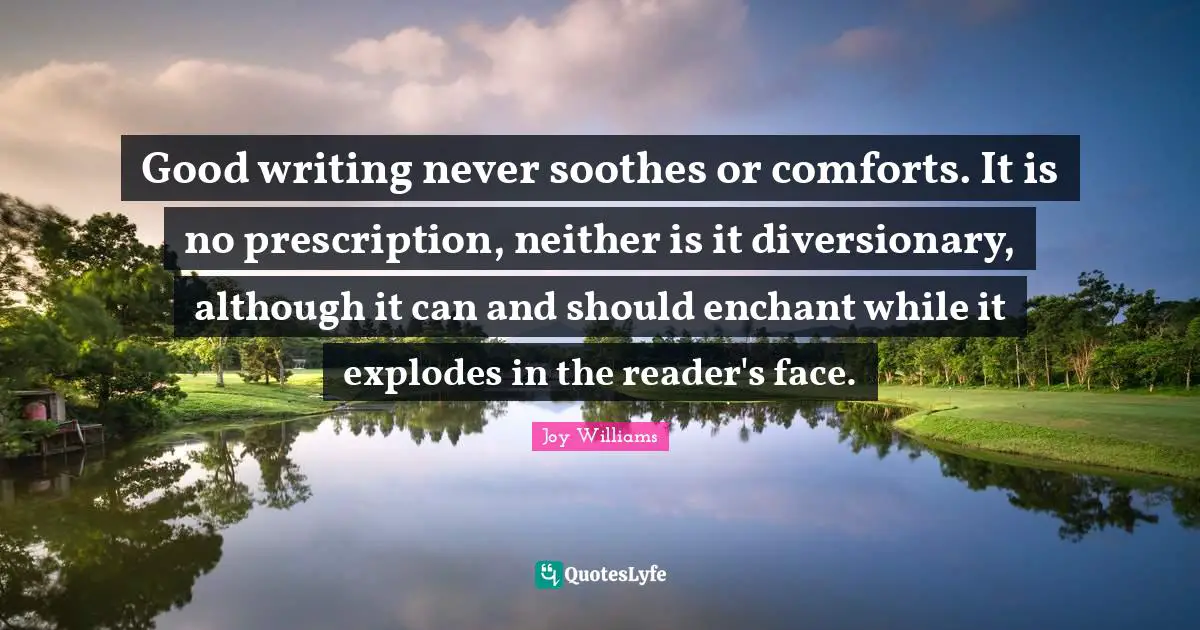Good writing never soothes or comforts. It is no prescription, neither is it diversionary, although it can and should enchant while it explodes in the reader's face.