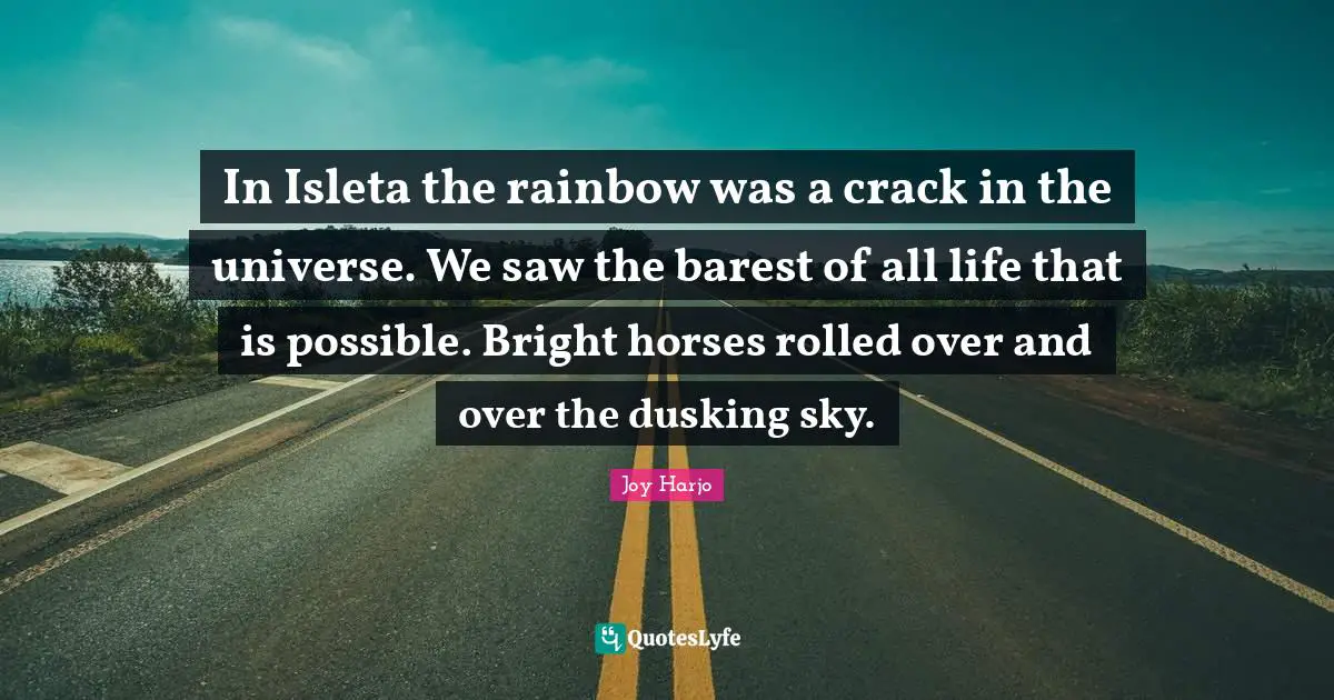 In Isleta the rainbow was a crack in the universe. We saw the barest of all life that is possible. Bright horses rolled over and over the dusking sky.
