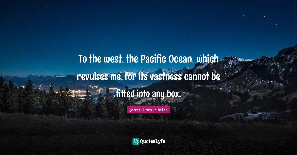 To the west, the Pacific Ocean, which revulses me, for its vastness cannot be fitted into any box.