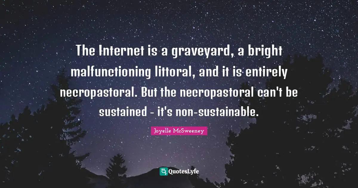 The Internet is a graveyard, a bright malfunctioning littoral, and it is entirely necropastoral. But the necropastoral can't be sustained - it's non-sustainable.