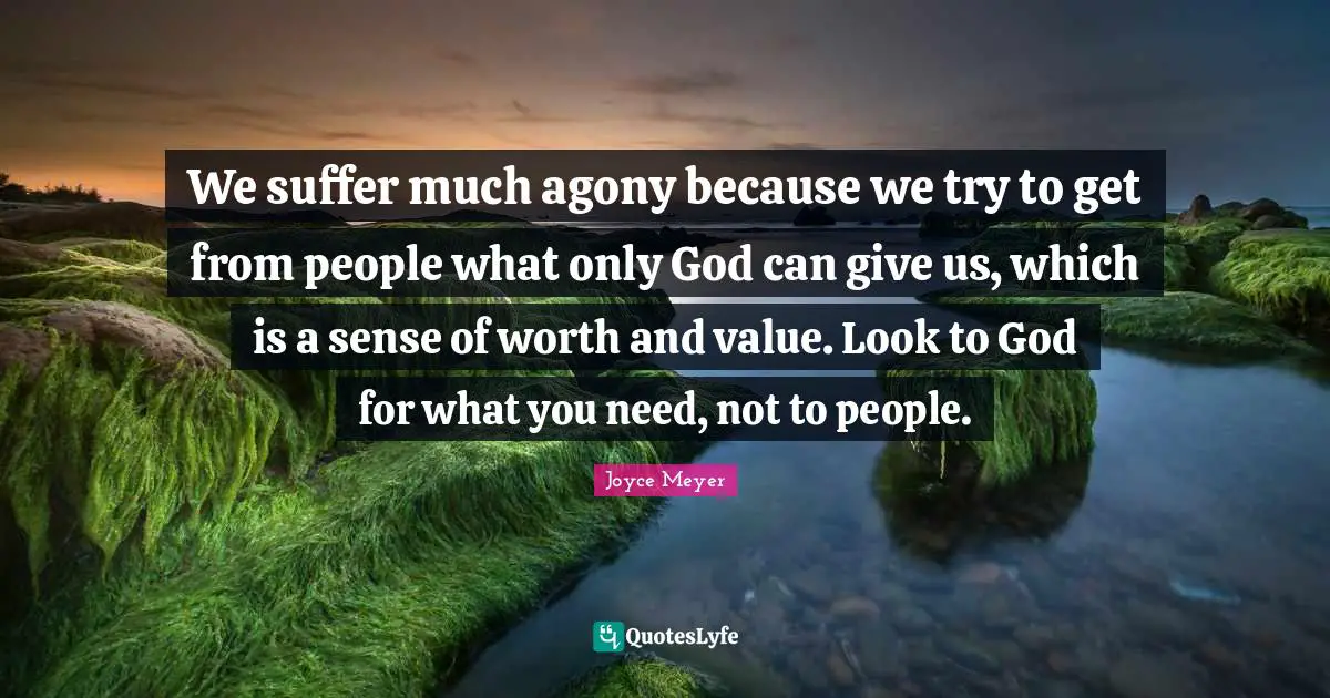 Joyce Meyer Quotes: We suffer much agony because we try to get from people what only God can give us, which is a sense of worth and value. Look to God for what you need, not to people.