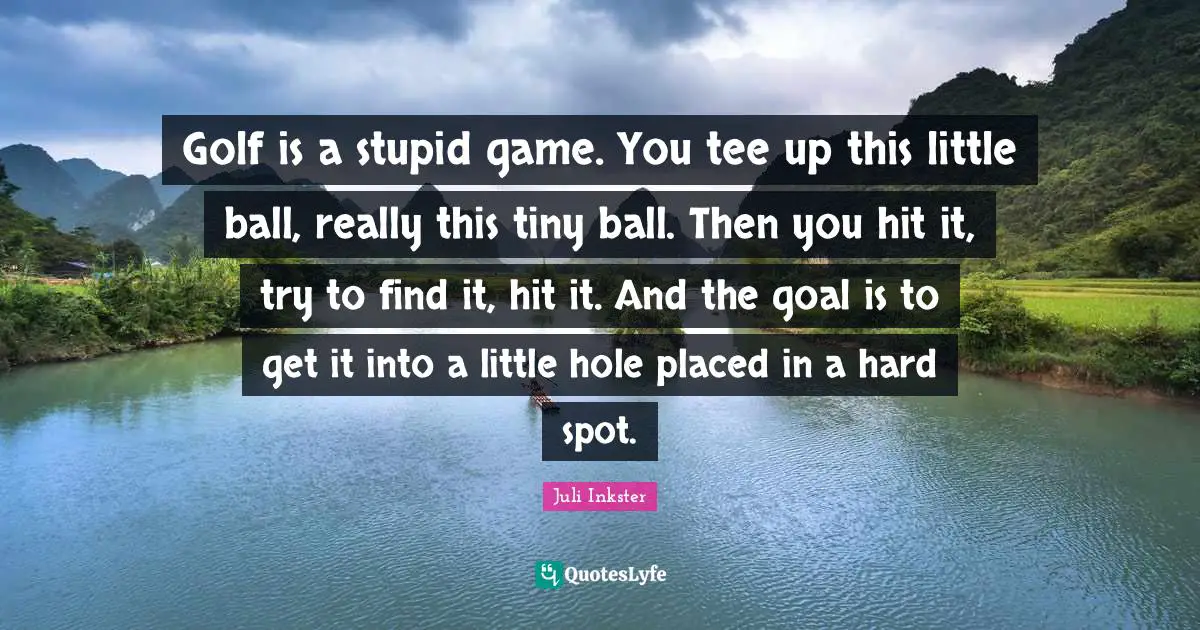 Golf is a stupid game. You tee up this little ball, really this tiny ball. Then you hit it, try to find it, hit it. And the goal is to get it into a little hole placed in a hard spot.