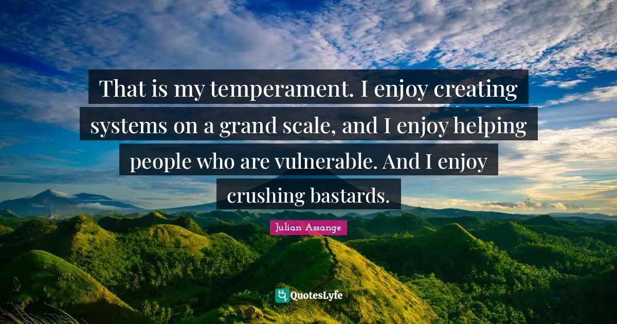 That is my temperament. I enjoy creating systems on a grand scale, and I enjoy helping people who are vulnerable. And I enjoy crushing bastards.
