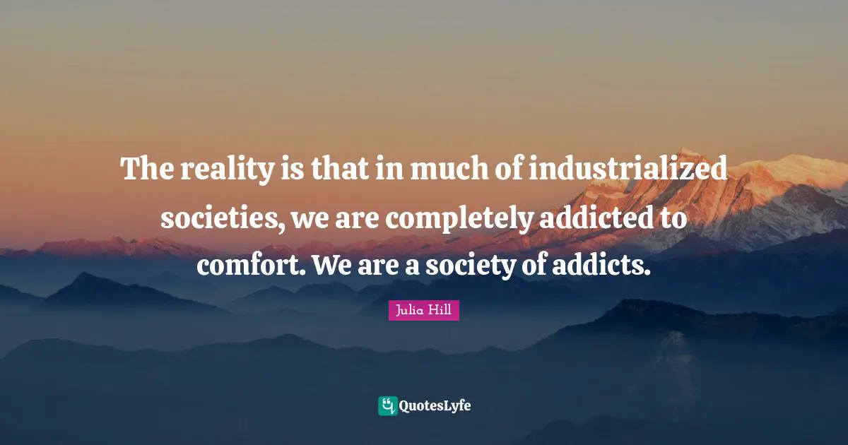 Julia Hill Quotes: "The reality is that in much of industrialized societies, we are completely addicted to comfort. We are a society of addicts."