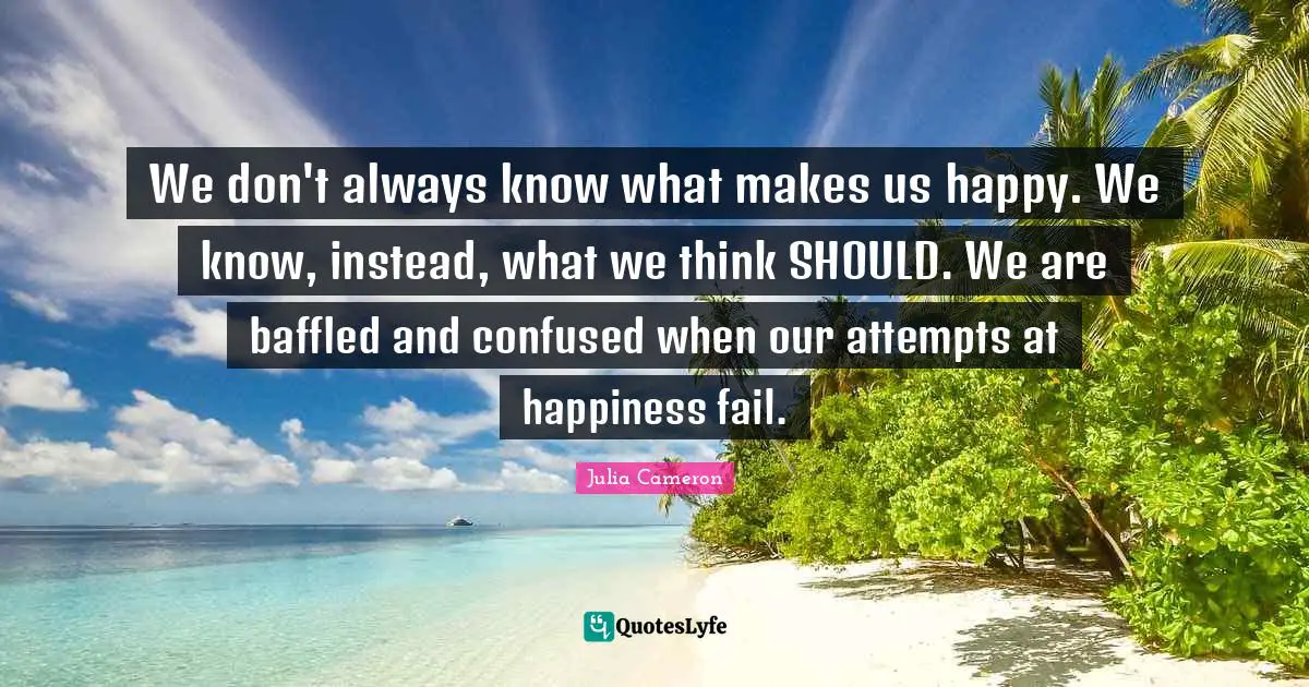 Baffled Quotes: "We don't always know what makes us happy. We know, instead, what we think SHOULD. We are baffled and confused when our attempts at happiness fail."