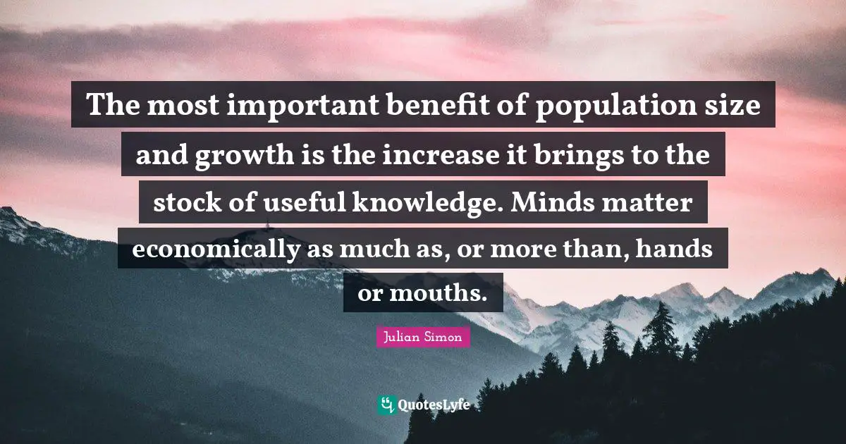 The most important benefit of population size and growth is the increase it brings to the stock of useful knowledge. Minds matter economically as much as, or more than, hands or mouths.