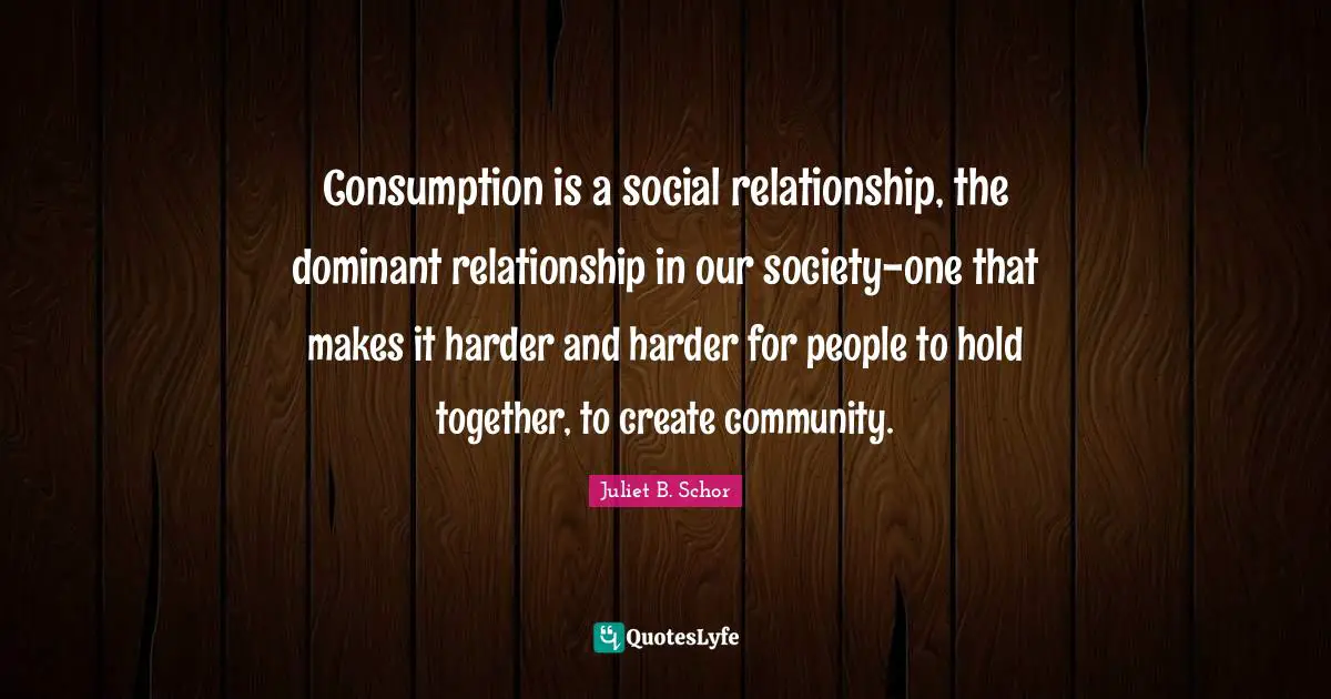 Consumption is a social relationship, the dominant relationship in our society-one that makes it harder and harder for people to hold together, to create community.
