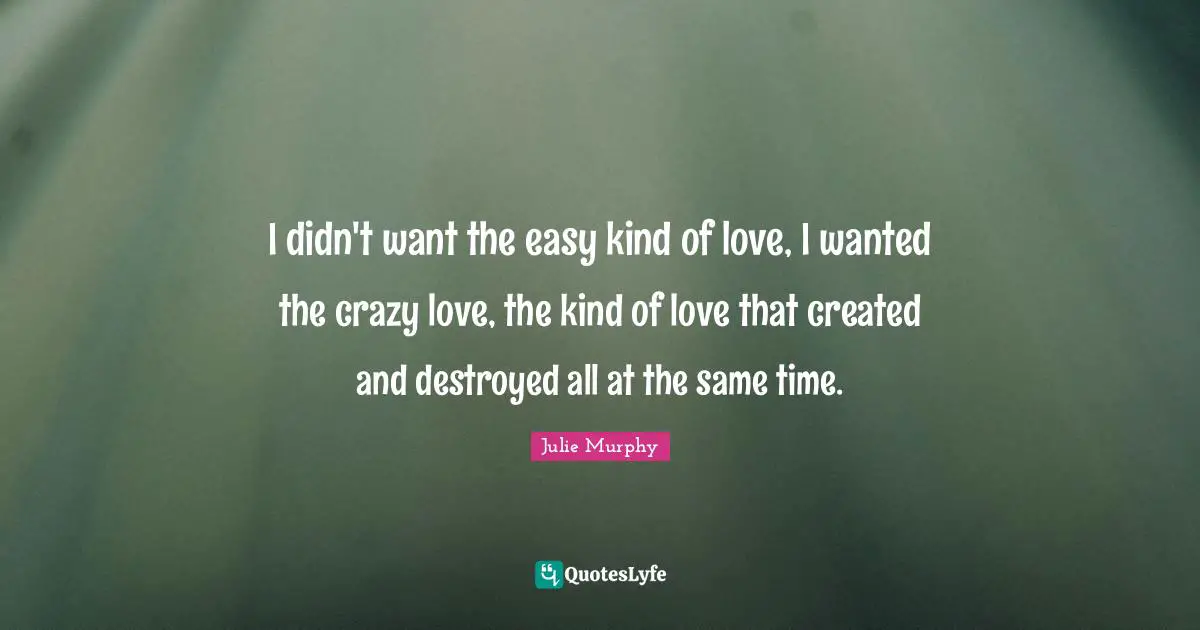 I didn't want the easy kind of love, I wanted the crazy love, the kind of love that created and destroyed all at the same time.