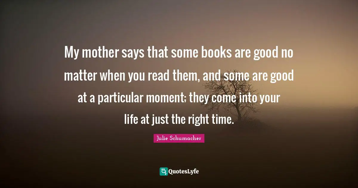My mother says that some books are good no matter when you read them, and some are good at a particular moment; they come into your life at just the right time.