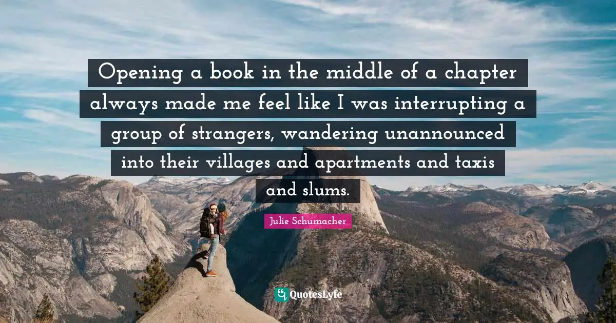 Opening a book in the middle of a chapter always made me feel like I was interrupting a group of strangers, wandering unannounced into their villages and apartments and taxis and slums.