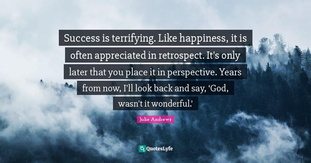 Success is terrifying. Like happiness, it is often appreciated in retrospect. It's only later that you place it in perspective. Years from now, I'll look back and say, ‘God, wasn't it wonderful.’
