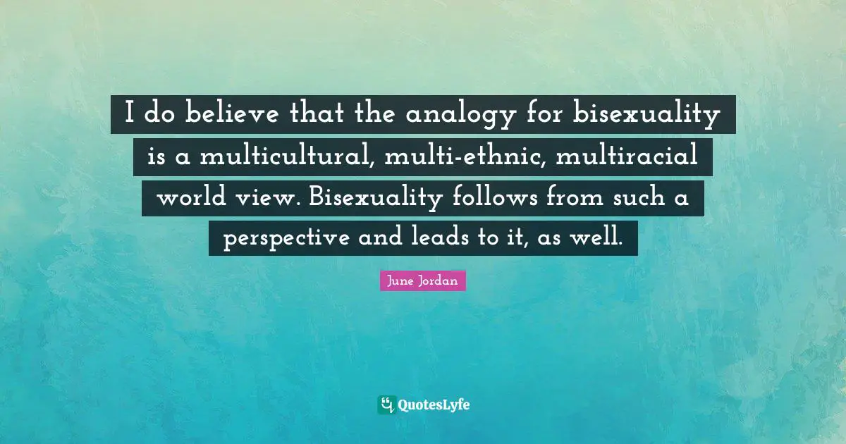 I do believe that the analogy for bisexuality is a multicultural, multi-ethnic, multiracial world view. Bisexuality follows from such a perspective and leads to it, as well.