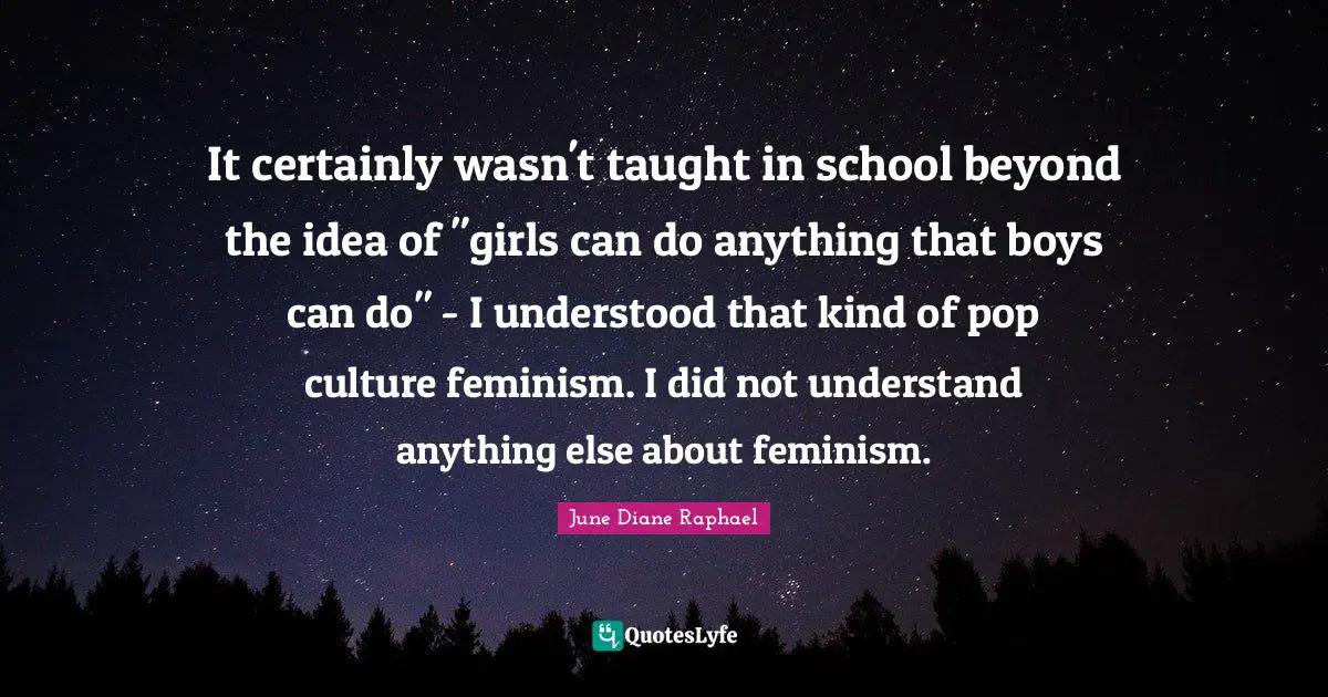 It certainly wasn't taught in school beyond the idea of "girls can do anything that boys can do" - I understood that kind of pop culture feminism. I did not understand anything else about feminism.