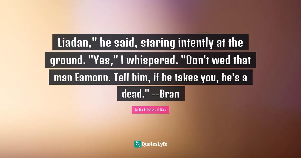 Liadan," he said, staring intently at the ground. "Yes," I whispered. "Don't wed that man Eamonn. Tell him, if he takes you, he's a dead." --Bran