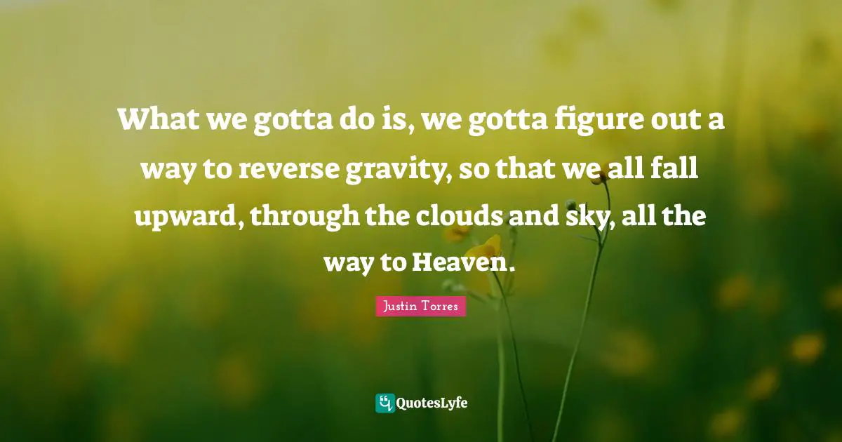 What we gotta do is, we gotta figure out a way to reverse gravity, so that we all fall upward, through the clouds and sky, all the way to Heaven.