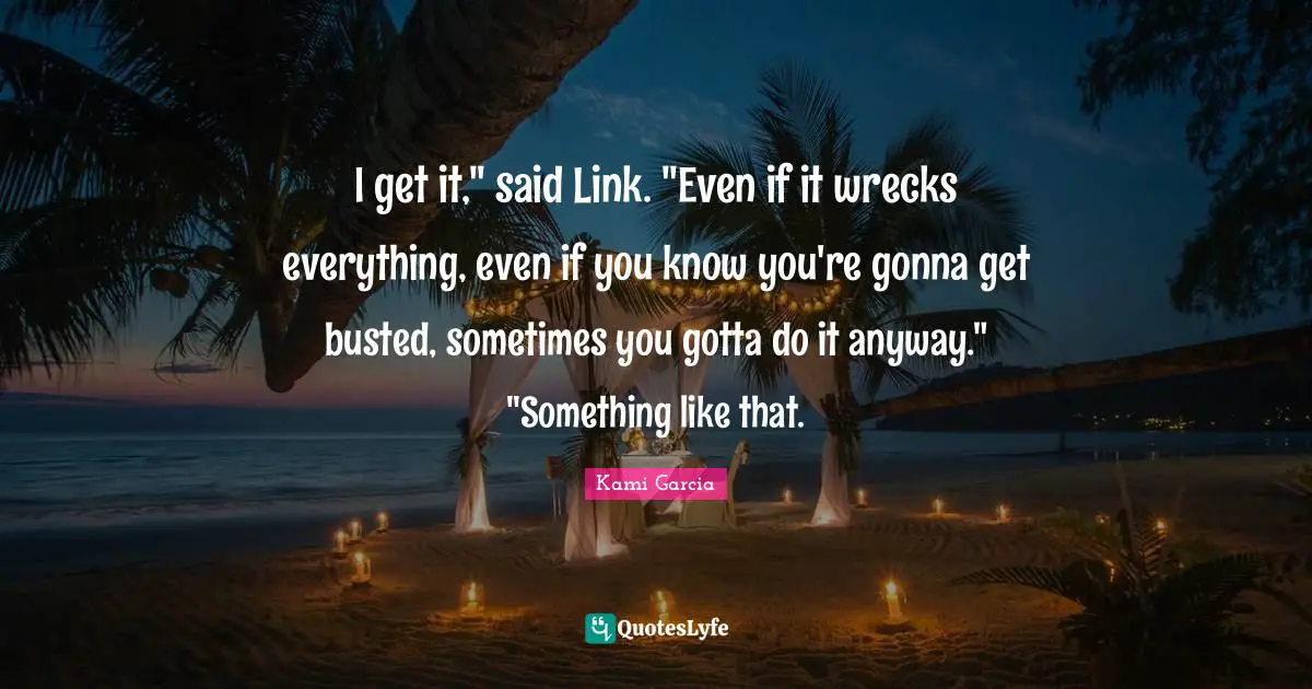 I get it," said Link. "Even if it wrecks everything, even if you know you're gonna get busted, sometimes you gotta do it anyway." "Something like that.